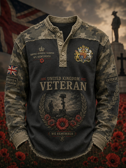 Men's Long-Sleeve Top With Vintage Camouflage And Veteran Commemorative Print