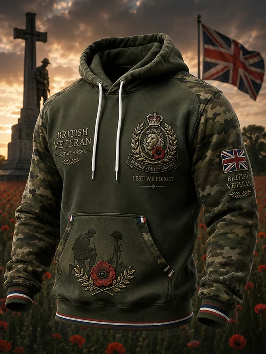 Men's British Veteran Print Oversized Drop-Shoulder Hoodie with Pockets