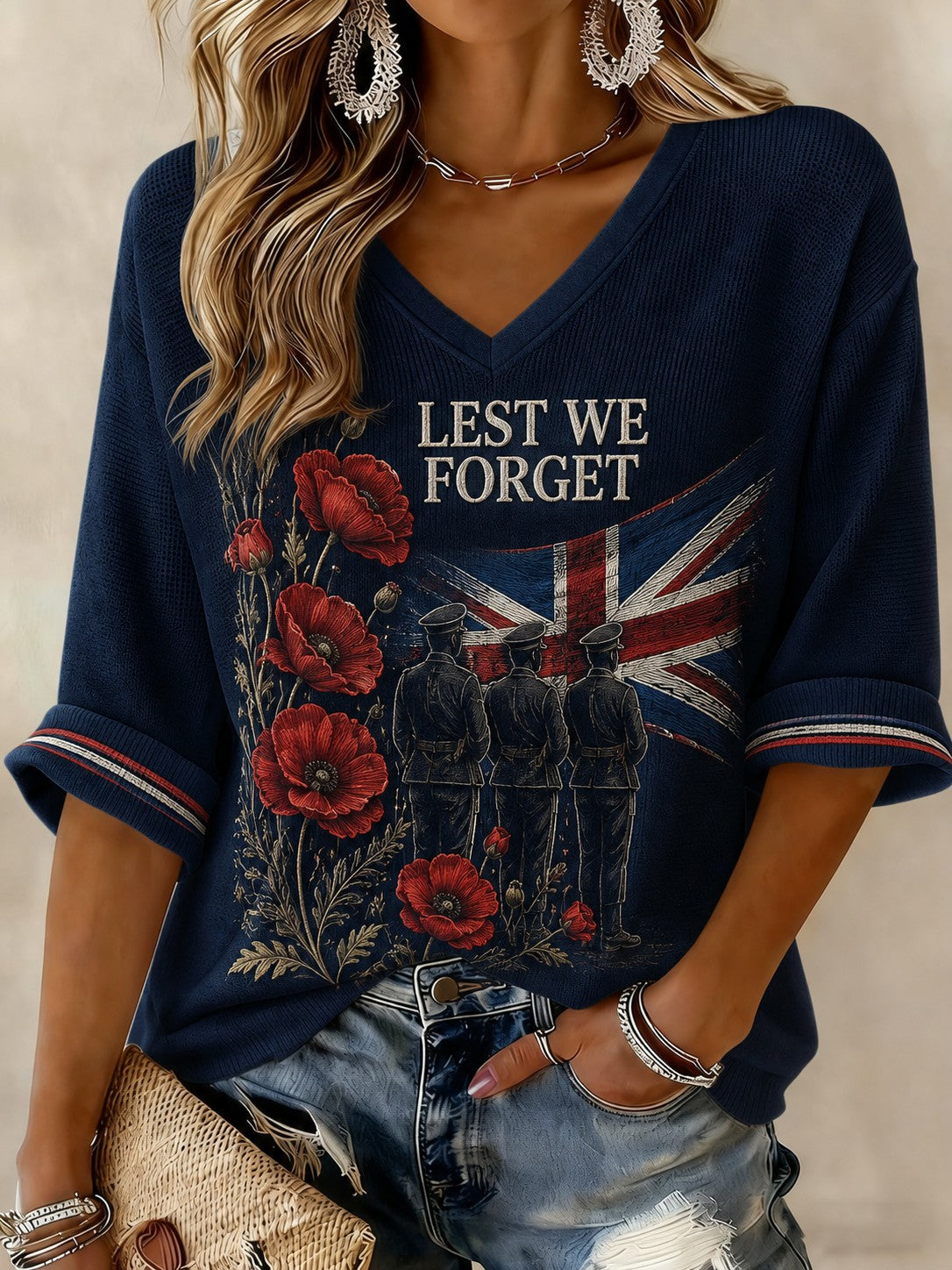 Women's Lest We Forget Printed Mid-length Sleeves V-neck T-shirt