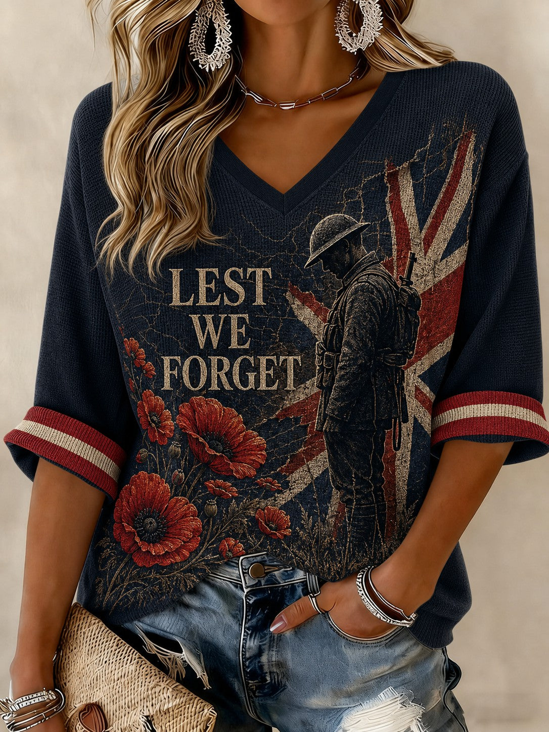 Women's Lest We Forget Printed Mid-length Sleeves V-neck T-shirt
