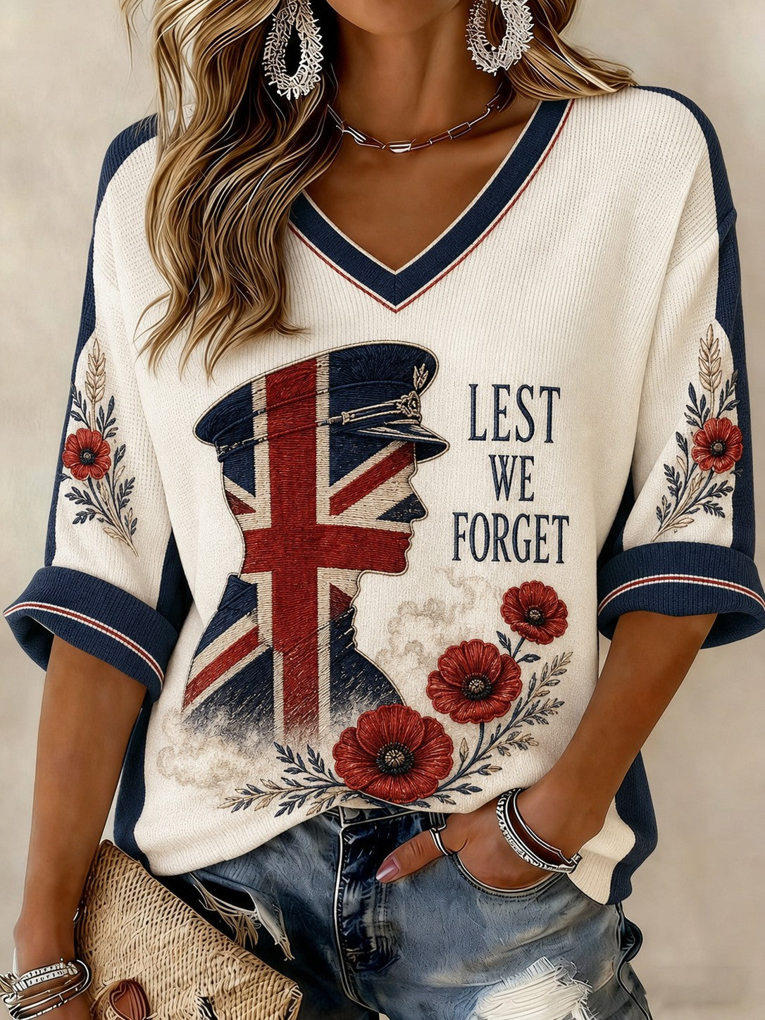 Women's Lest We Forget Printed Mid-length Sleeves V-neck T-shirt