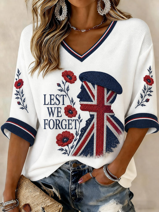 Women's Lest We Forget Printed Mid-length Sleeves V-neck T-shirt