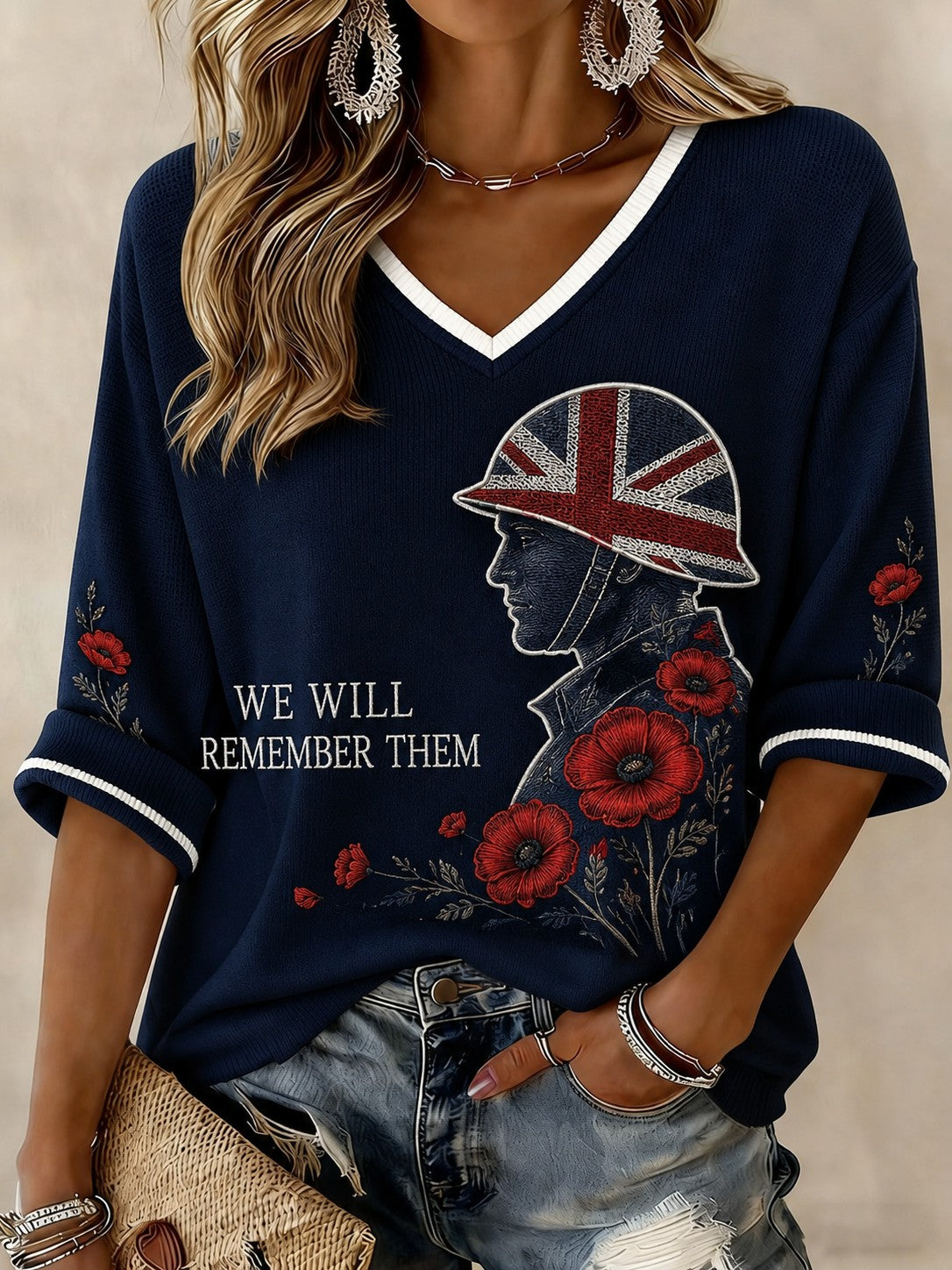 Women's WE WILL REMEMBER THEM Printed Mid-length Sleeves V-neck T-shirt