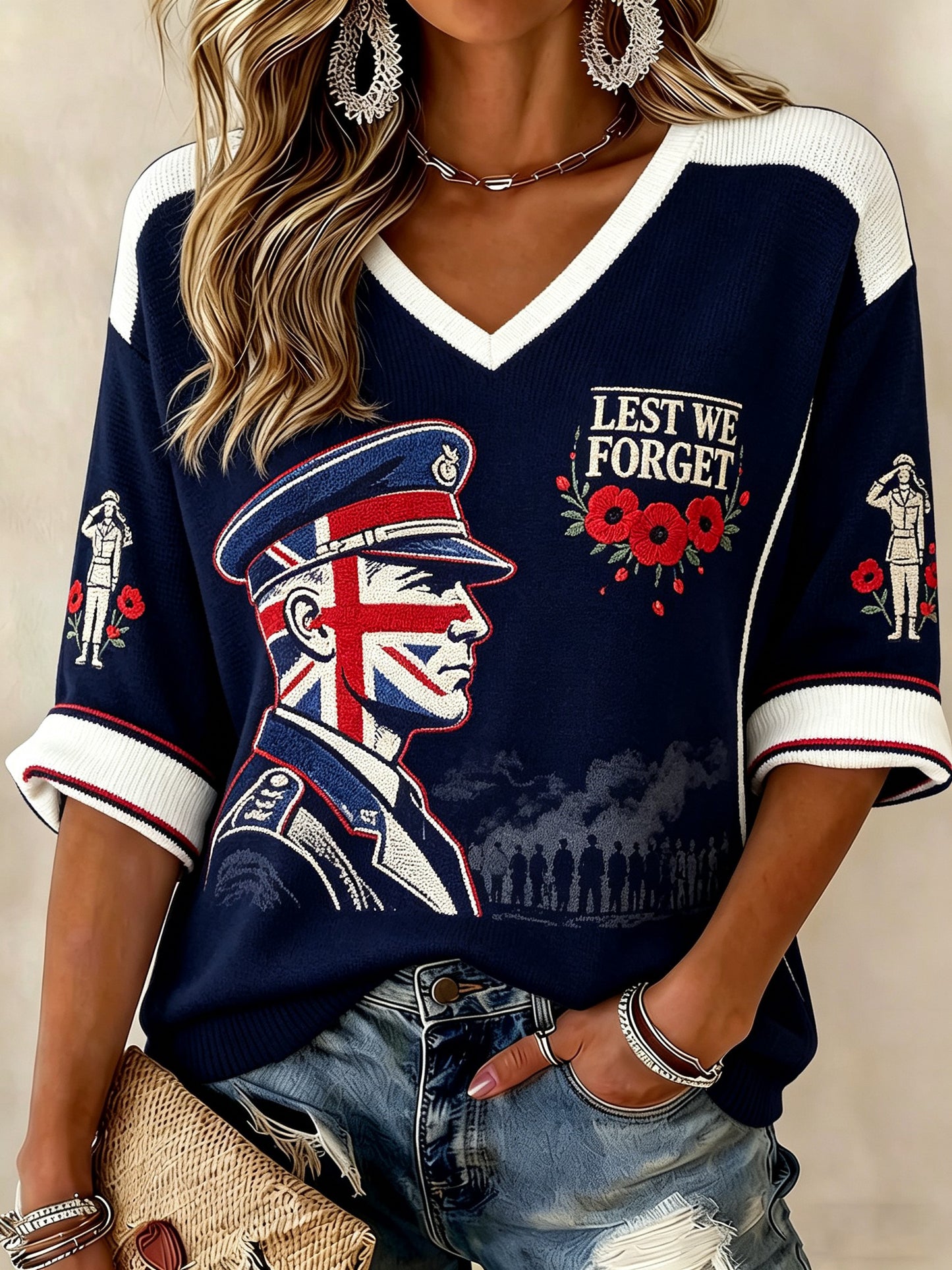 Women's Lest We Forget Printed Mid-length Sleeves V-neck T-shirt