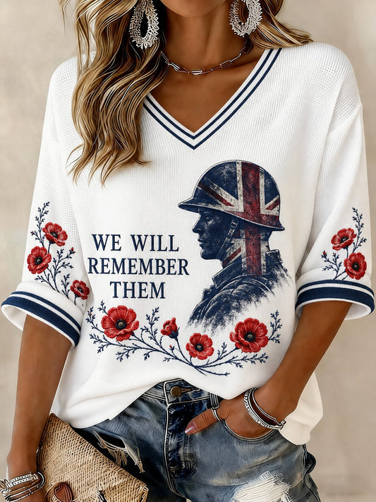 Women's WE WILL REMEMBER THEM Printed Mid-length Sleeves V-neck T-shirt