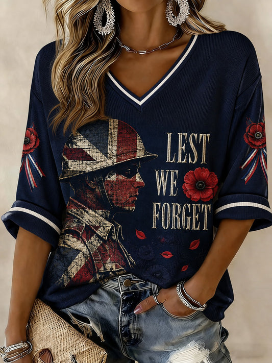 Women's Lest We Forget Printed Mid-length Sleeves V-neck T-shirt