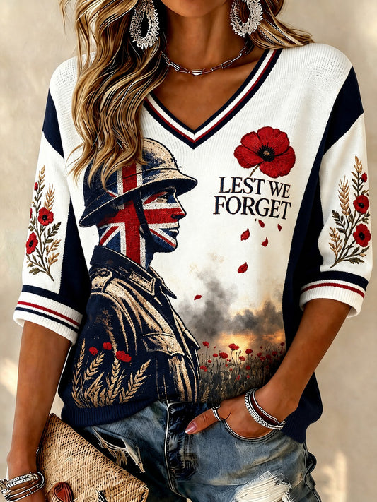 Women's Lest We Forget Printed Mid-length Sleeves V-neck T-shirt