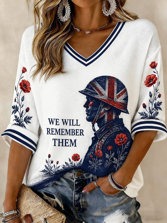 Women's WE WILL REMEMBER THEM Printed Mid-length Sleeves V-neck T-shirt
