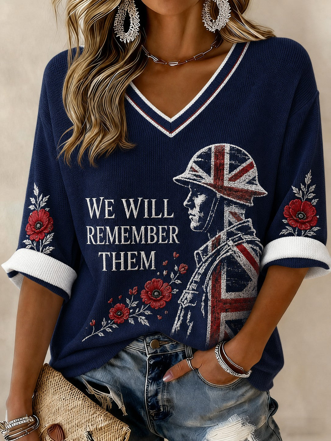 Women's WE WILL REMEMBER THEM Printed Mid-length Sleeves V-neck T-shirt