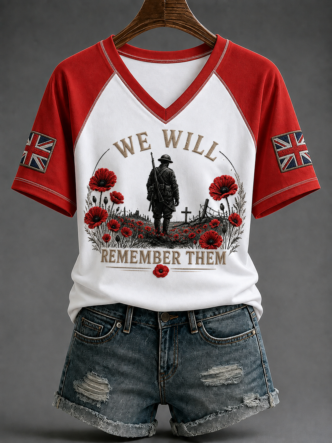 Women's Remembrance Day V-neck Off-shoulder Short-sleeved T-shirt