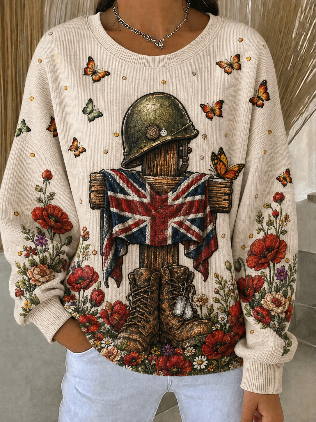 Women's Remembrance Day Ribbed Round-Neck Sweatshirt