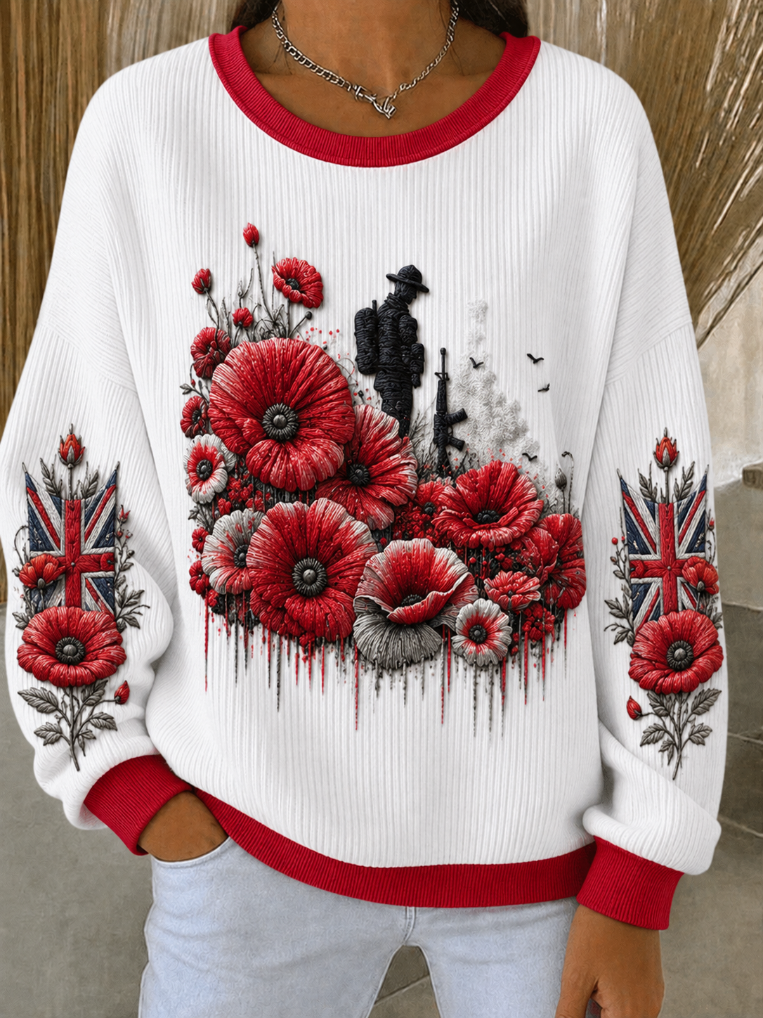 Women's Remembrance Day Ribbed Round-Neck Sweatshirt