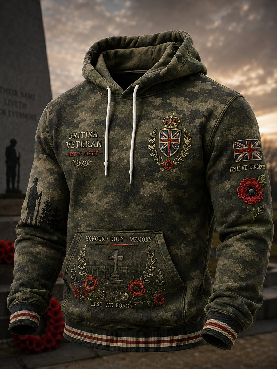Men's Vintage-Style Long-Sleeve Hooded Sweatshirt With Veteran Commemorative Camouflage Print