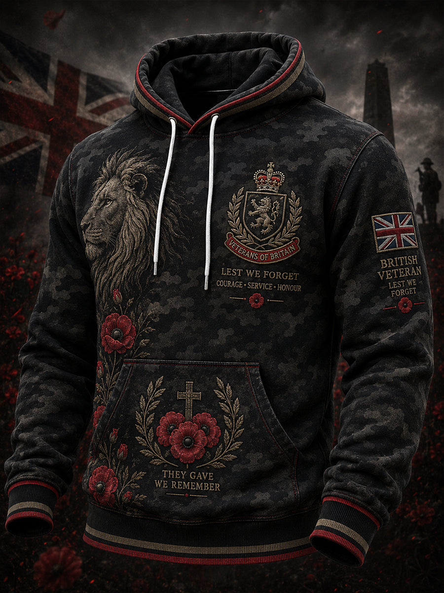 Men's Vintage-Style Long-Sleeve Hooded Sweatshirt With Veteran Commemorative Camouflage Print
