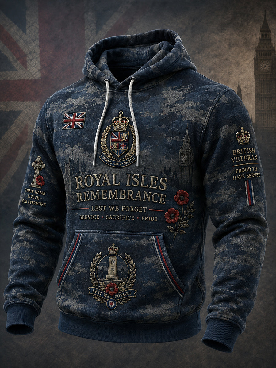 Men's Vintage-Style Long-Sleeve Hooded Sweatshirt With Veteran Commemorative Camouflage Print