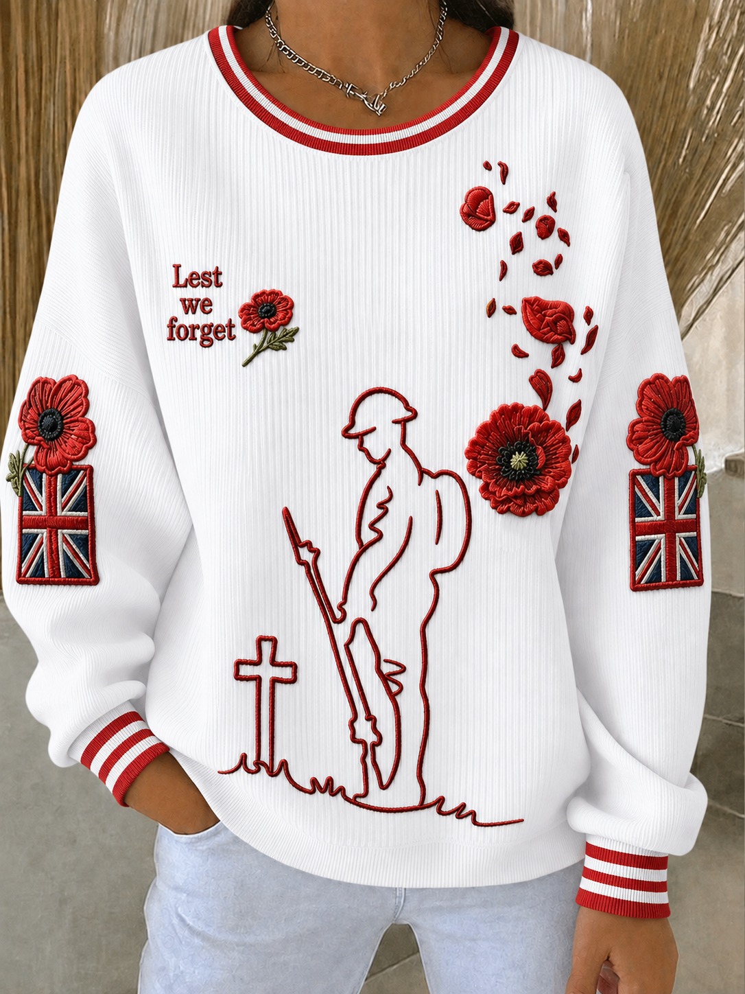 Women's Remembrance Day Ribbed Round-Neck Sweatshirt
