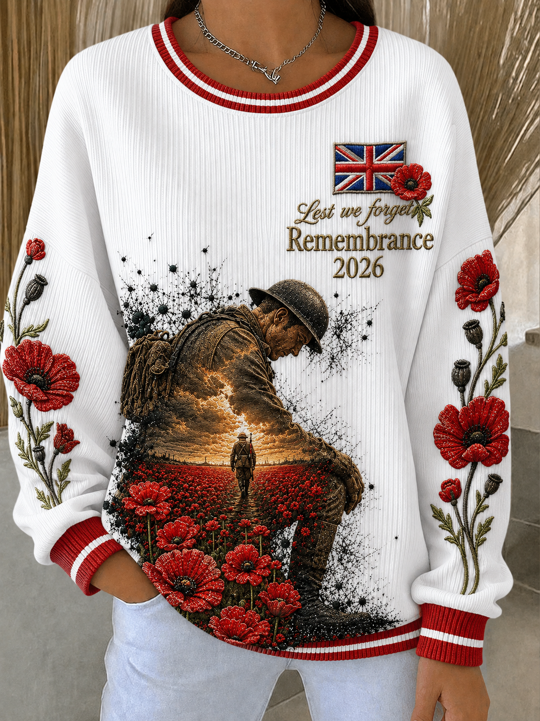 Women's Remembrance Day Ribbed Round-Neck Sweatshirt