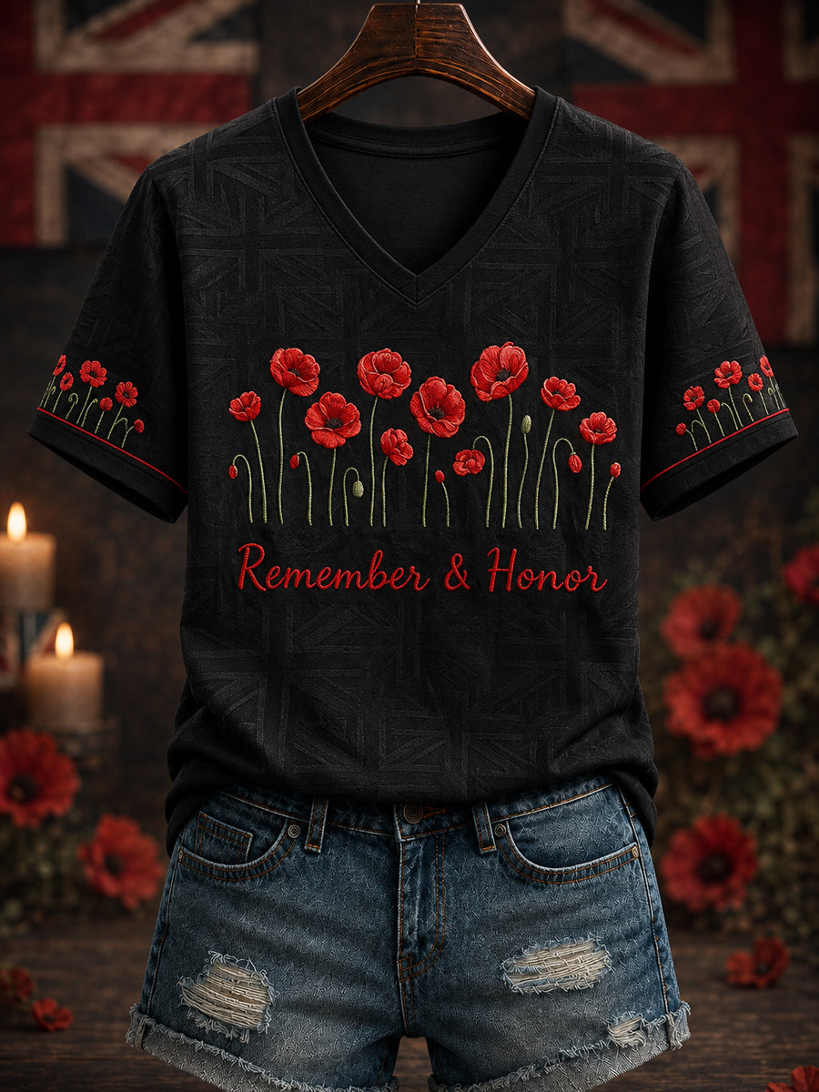 Women's Remembrance Day Printed V-neck T-shirt