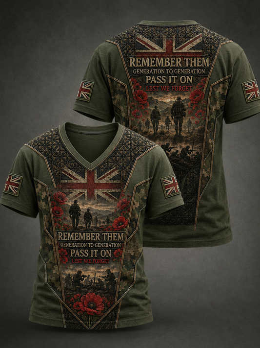 Men's REMEMBER THEM GENERATION TO GENERATION PASS IT ON LEST WE FORGET V-neck T-shirt