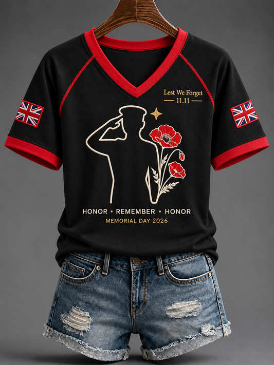 Women's Remembrance Day V-neck Off-shoulder Short-sleeved T-shirt
