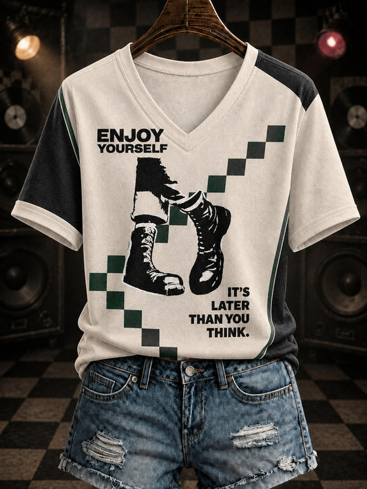 Women's Ska Revival Style Printed V-neck T-shirt