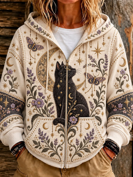 Women's Retro Constellation Cat Print Casual Sweatshirt