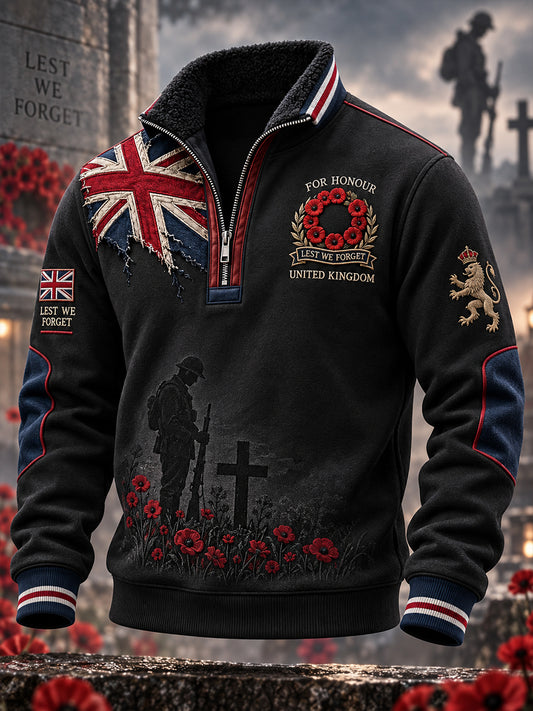 Men's Long-Sleeve Zip-Up Stand-Collar Top With Remembrance Day Themed Print
