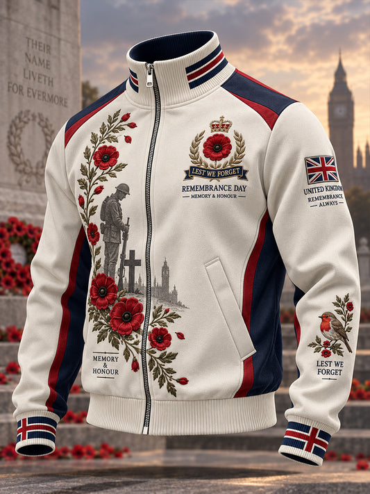 Men's Remembrance Day Print Stand-Collar Zip-Up Jacket