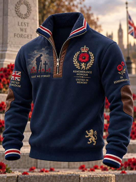 Men's Long-Sleeve Zip-Up Stand-Collar Top With Remembrance Day Themed Print