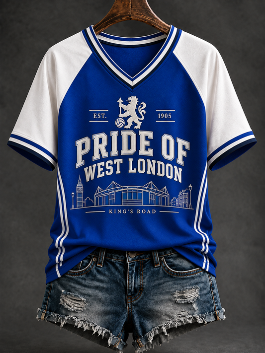 Women's West London Blues Football Lovers Printed V-neck off-shoulder short-sleeved T-shirt