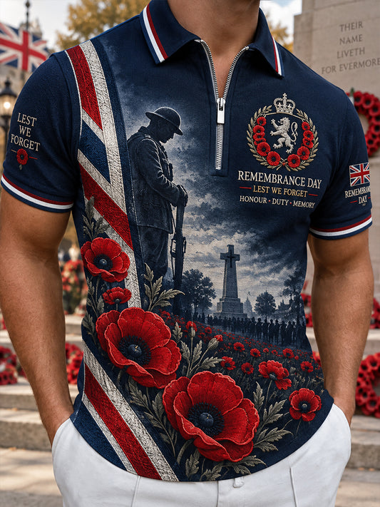 Men's Short-Sleeve Zip-Front Polo Shirt With Remembrance Day Themed Print