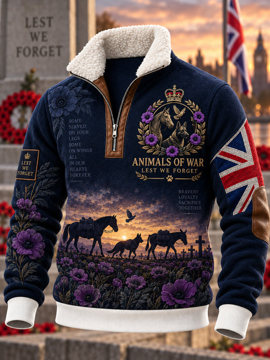 Men's UK Remembrance Day War Animals Memorial Fleece-Lined Sweatshirt