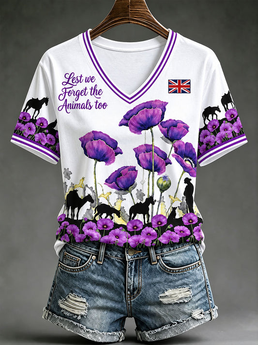 Women's Lest We Forget The Animals Too Print Short-sleeved T-shirt