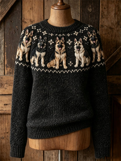 Women's Vintage German Shepherd Dogs Yoke Isle Print Cozy crew neck sweater