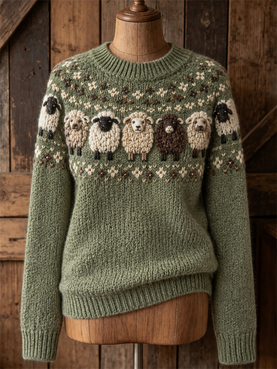 Women's Vintage Fuzzy Sheep Yoke Isle Print crew neck sweater