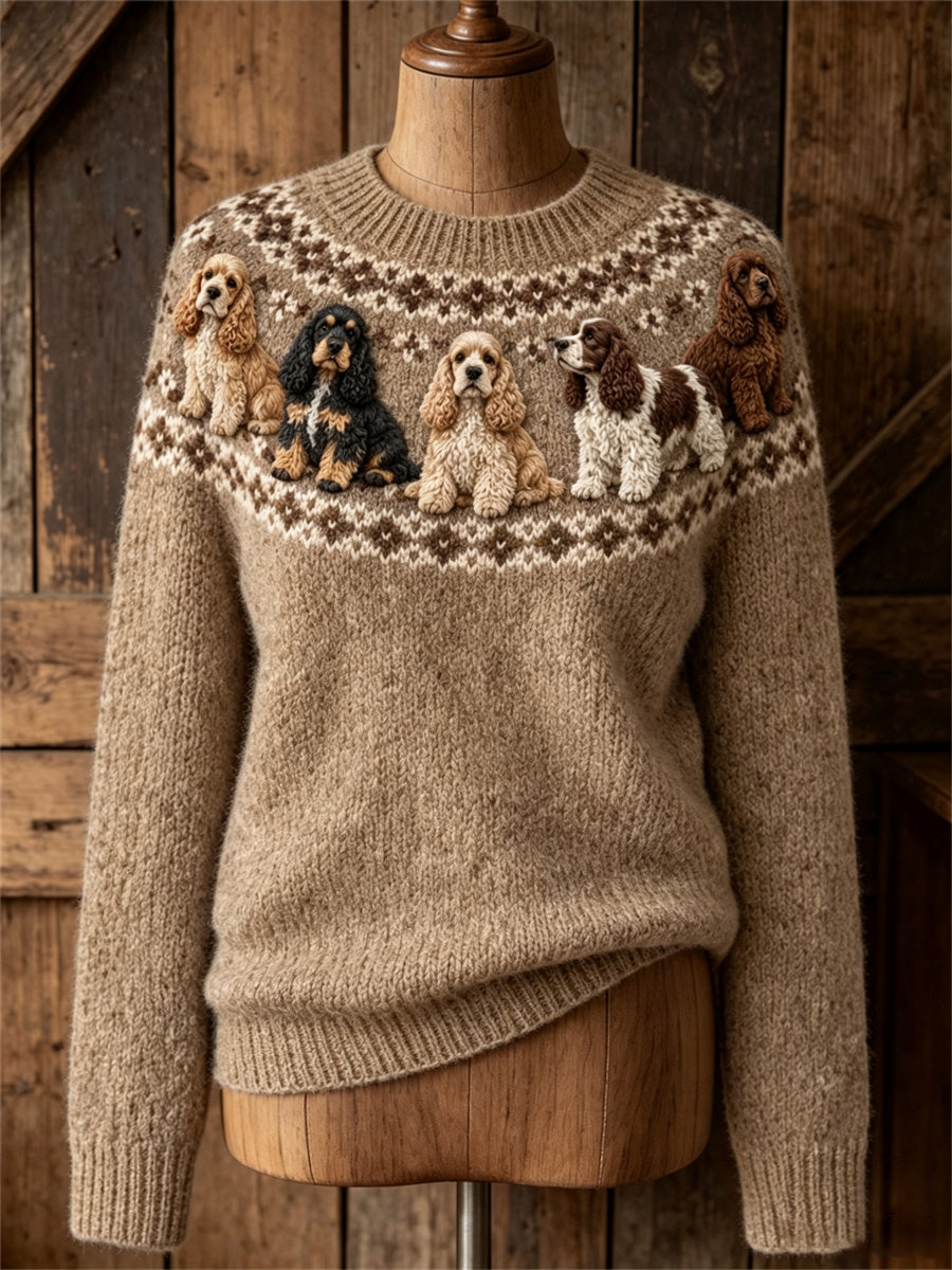 Women's Vintage Lovely Cocker Spaniel Dogs Yoke Isle Print crew neck sweater