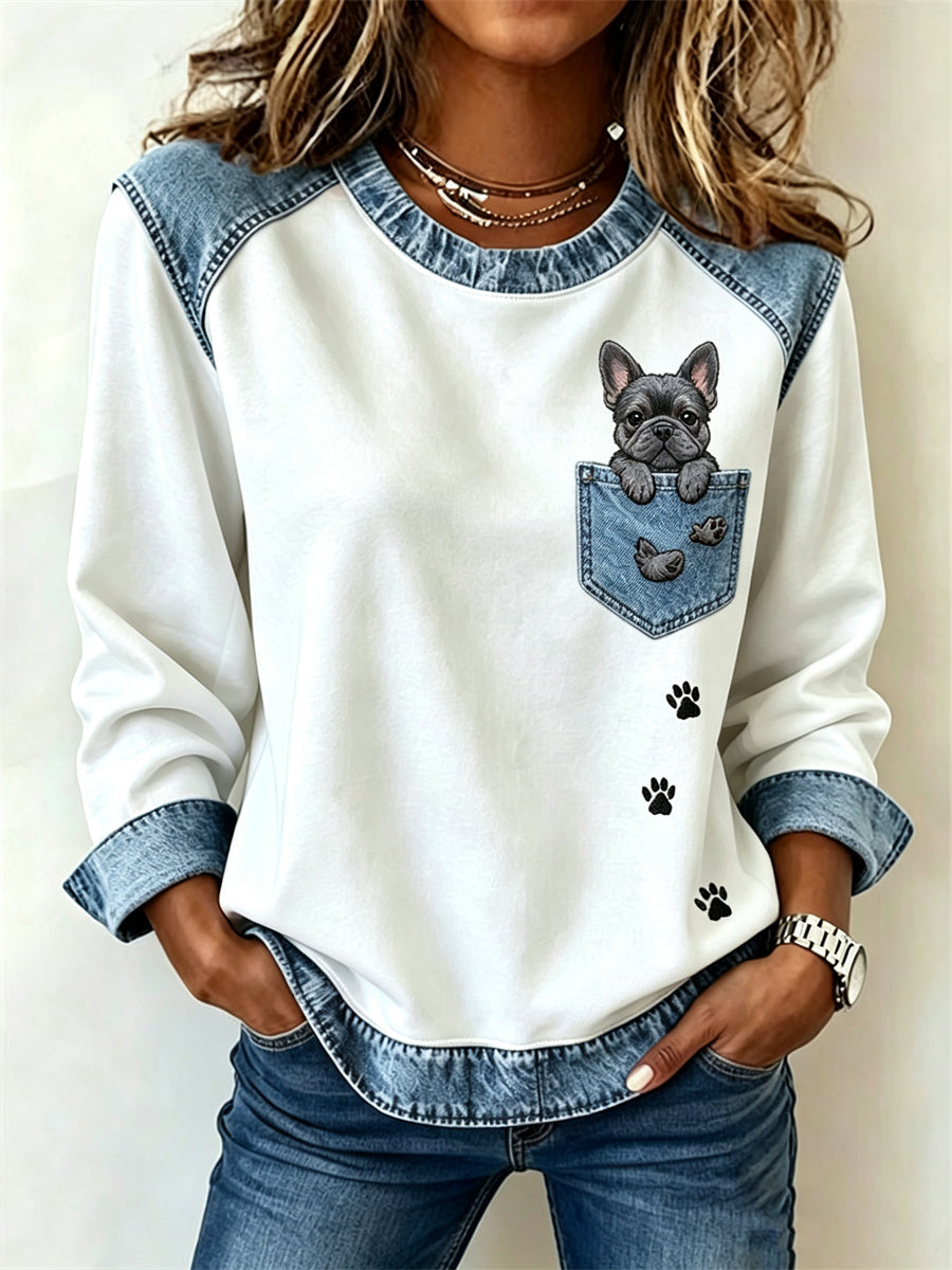Women's Peeking French Bulldog Faux Pocket Print Denim Patchwork Top
