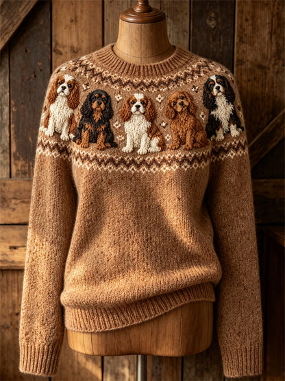 Women's Vintage Cavalier Dogs Yoke Isle Print Cozy crew neck sweater