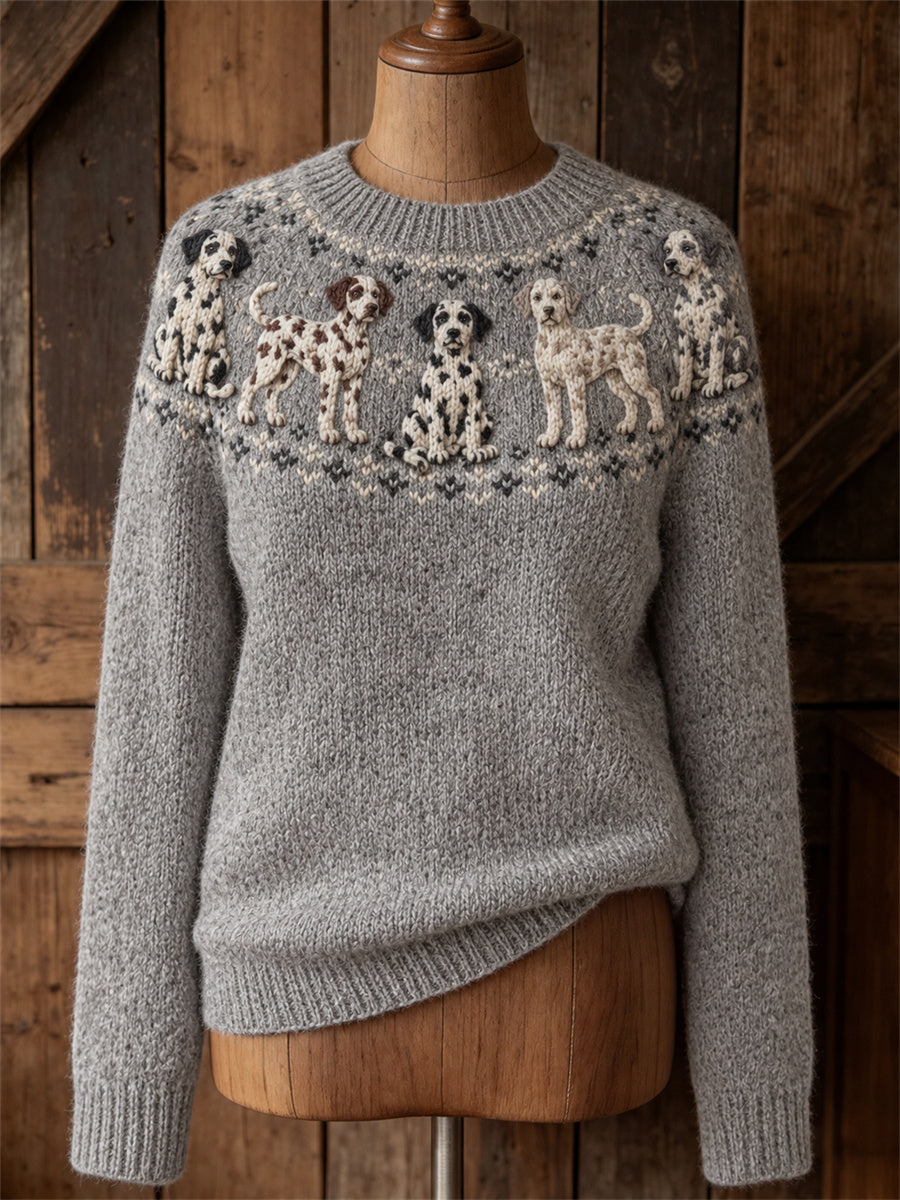 Women's Vintage Dalmatian Dogs Yoke Isle Print crew neck sweater