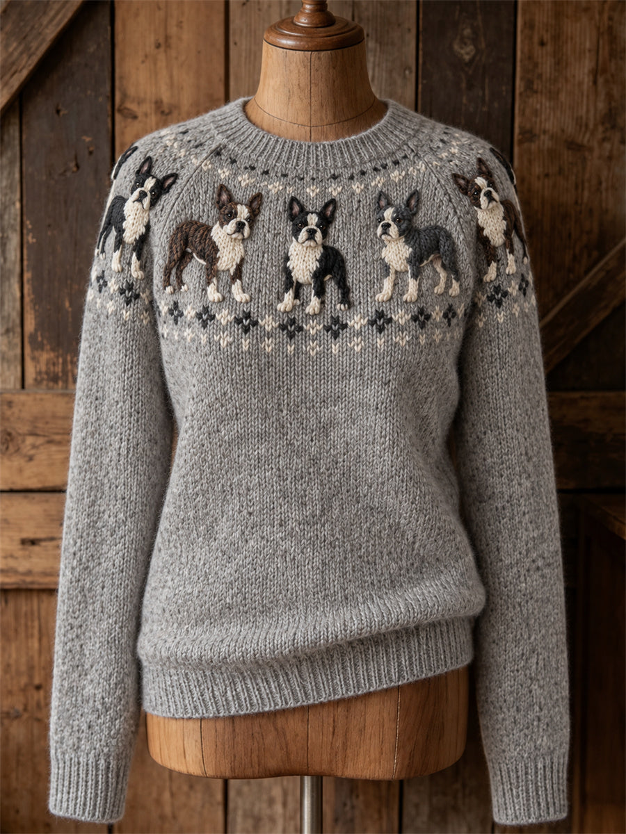 Women's Vintage Boston Terrier Dogs Yoke Isle Print crew neck sweater