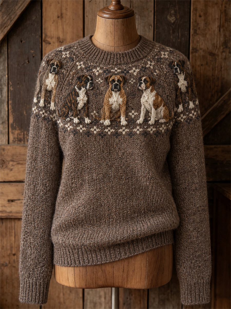 Women's Vintage Boxer Dogs Yoke Isle Print crew neck sweater
