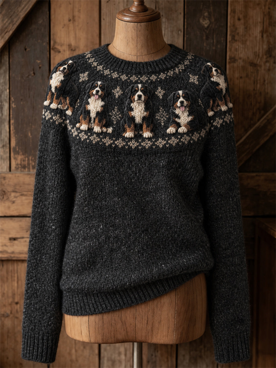 Women's Vintage Bernese Mountain Dogs Yoke Isle Print crew neck sweater