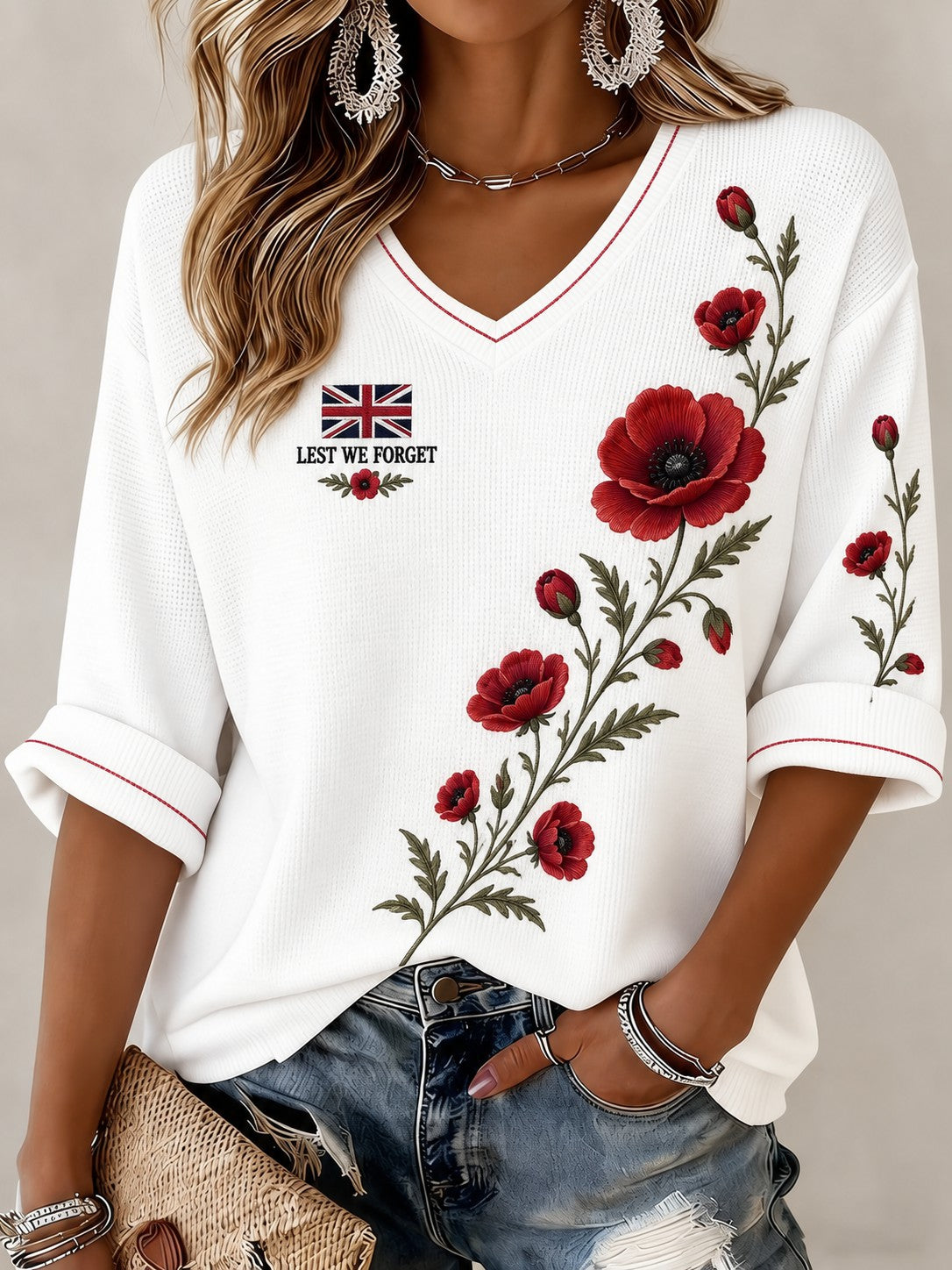 Women's Lest We Forget Printed Mid-length Sleeves V-neck T-shirt