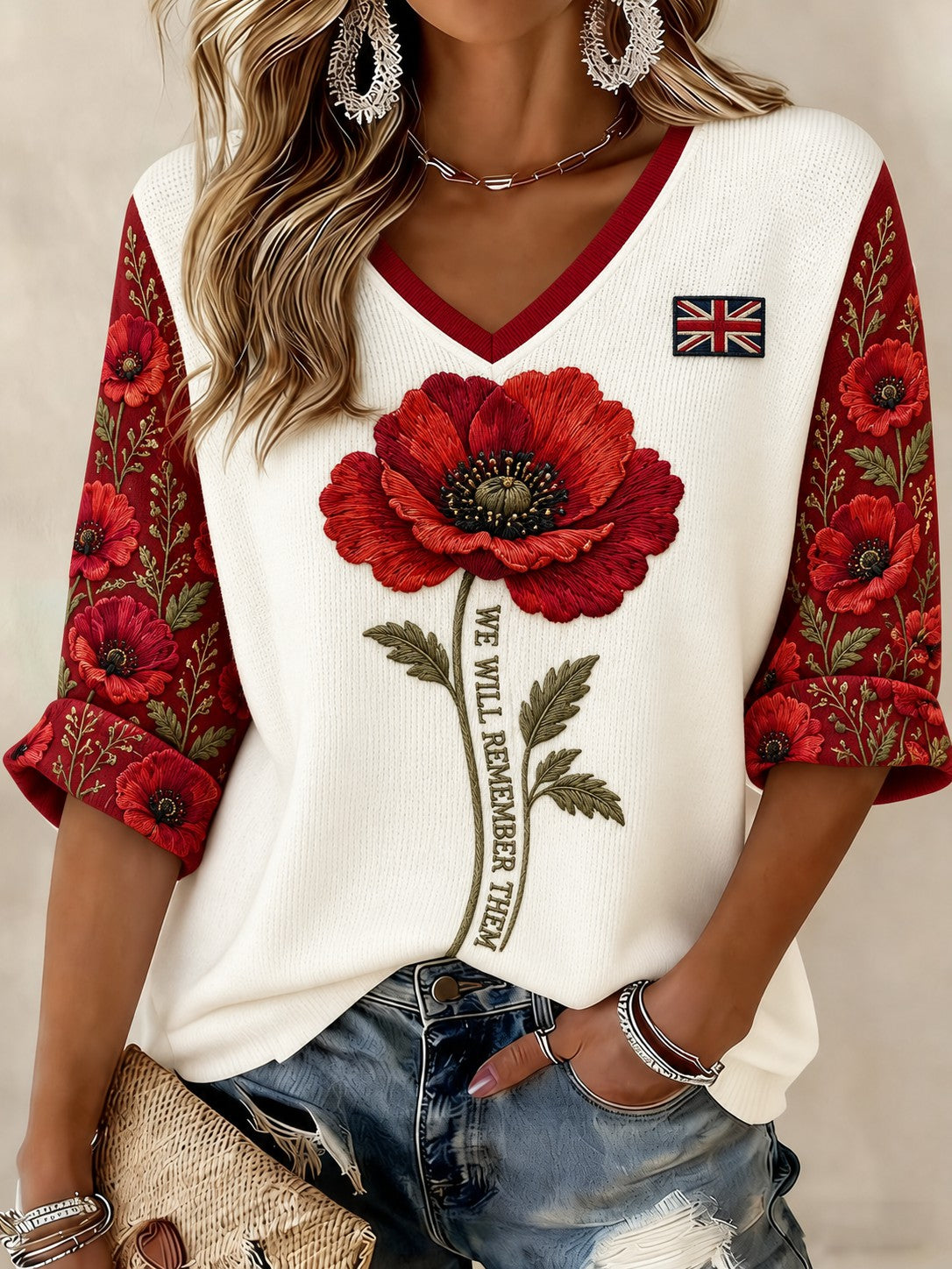 Women's We Will Remember Them Printed Mid-length Sleeves V-neck T-shirt