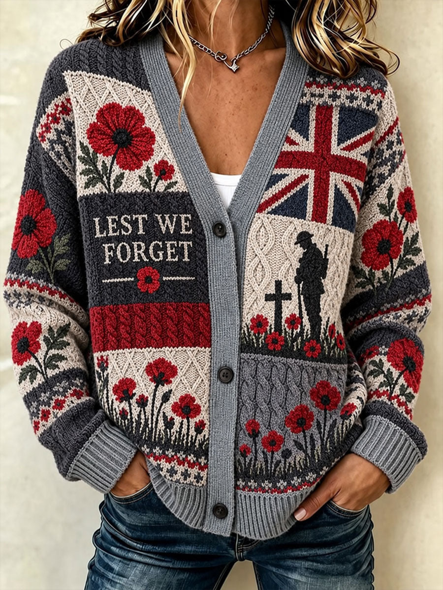 Women's Lest We Forget Print Cardigan-Style Knit Jacket
