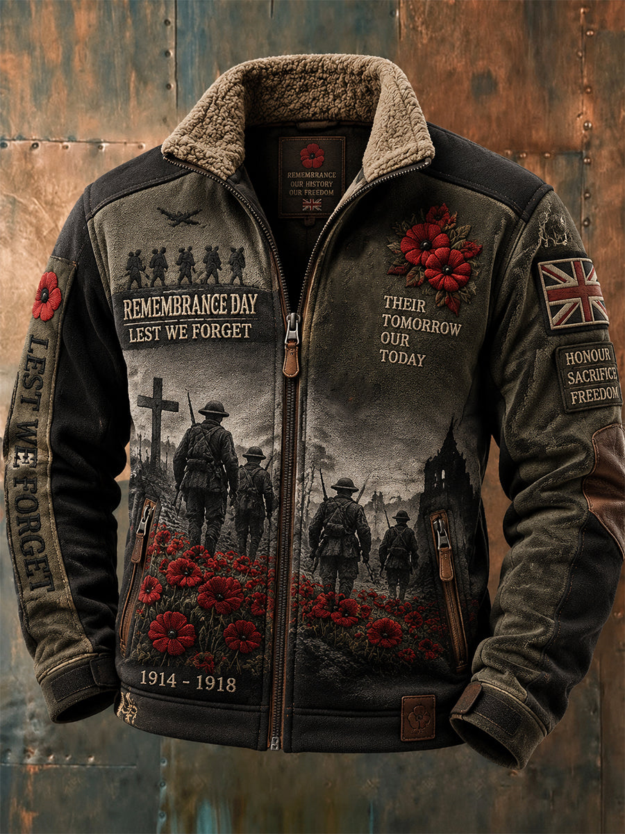 Men's Remembrance Day Lest We Forget Fur Collar Zip-Up Jacket
