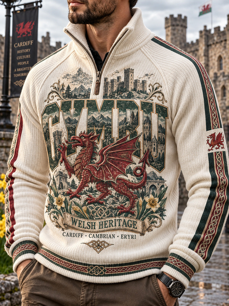 Men's Vintage Britsh Wales Printed Placketed Sleeve Sweater