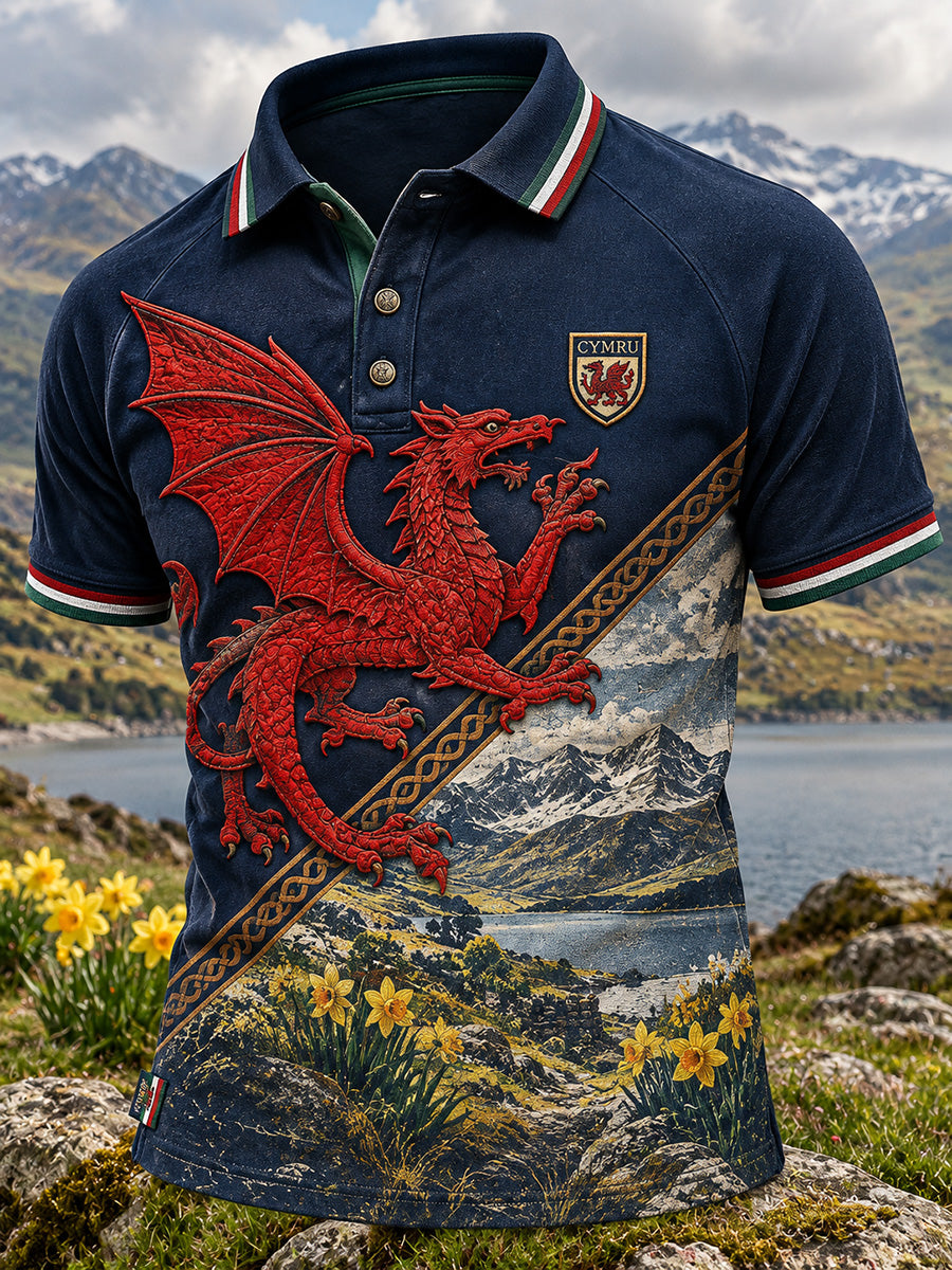 Men's Vintage Britsh Wales Printed Polo Shirt