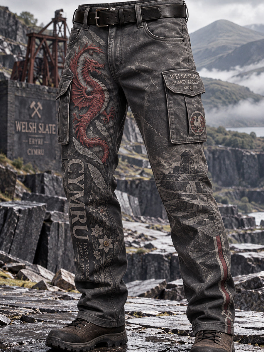 Men's Vintage Britsh Wales Printed Work Trousers