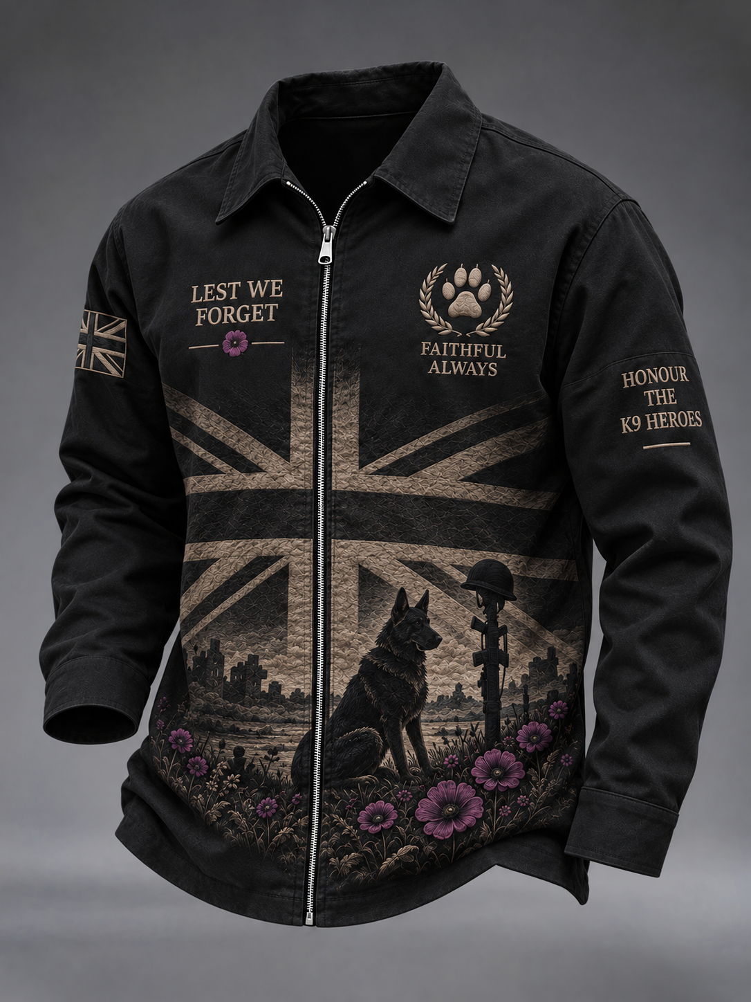 Men's Lest We Forget Military Dog Print Zip-Up Jacket